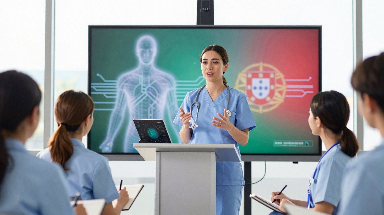 Profissional de saúde a fazer apresentação sobre tecnologia médica para equipa numa sala de formação.