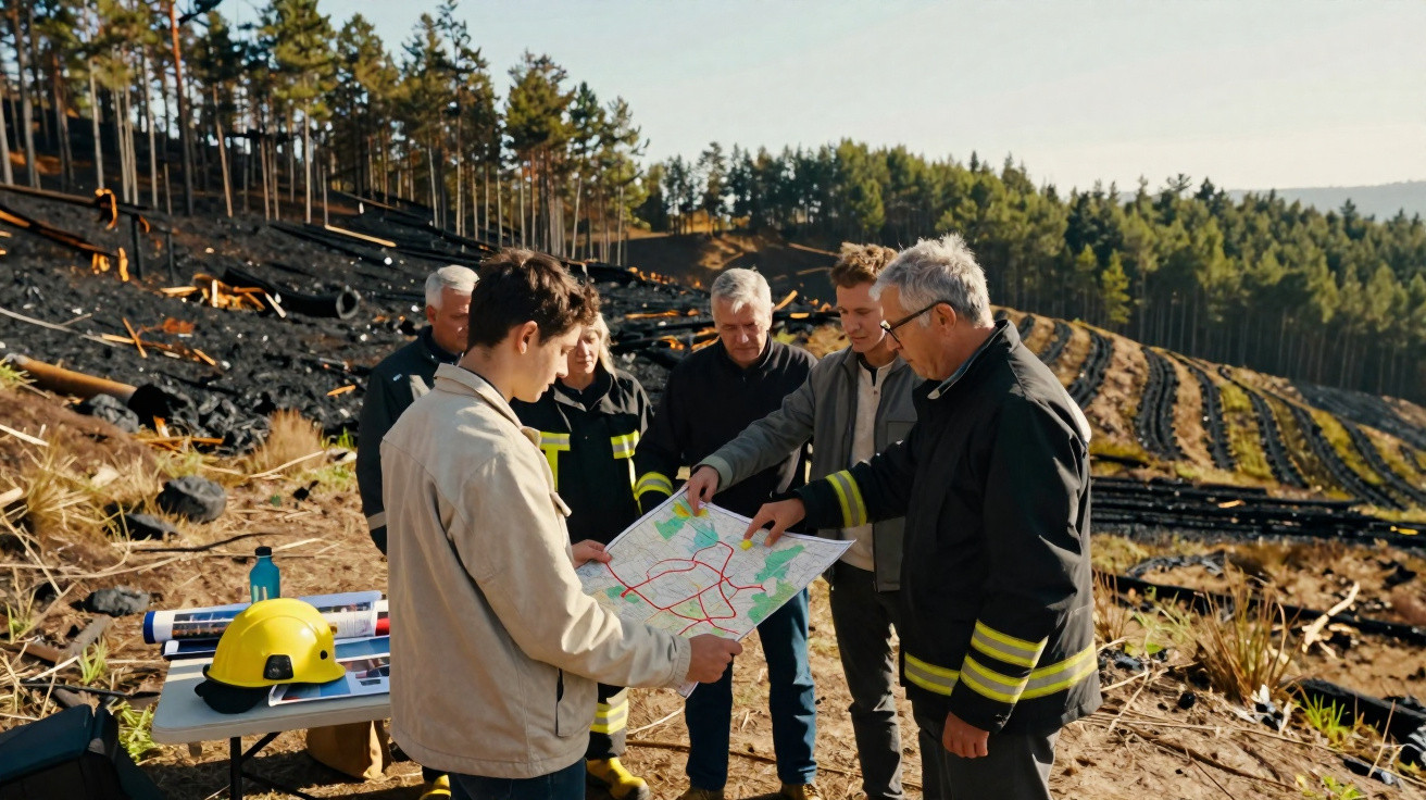 Grupo de homens analisa mapa numa área florestal afetada por incêndio, com terreno queimado ao fundo.