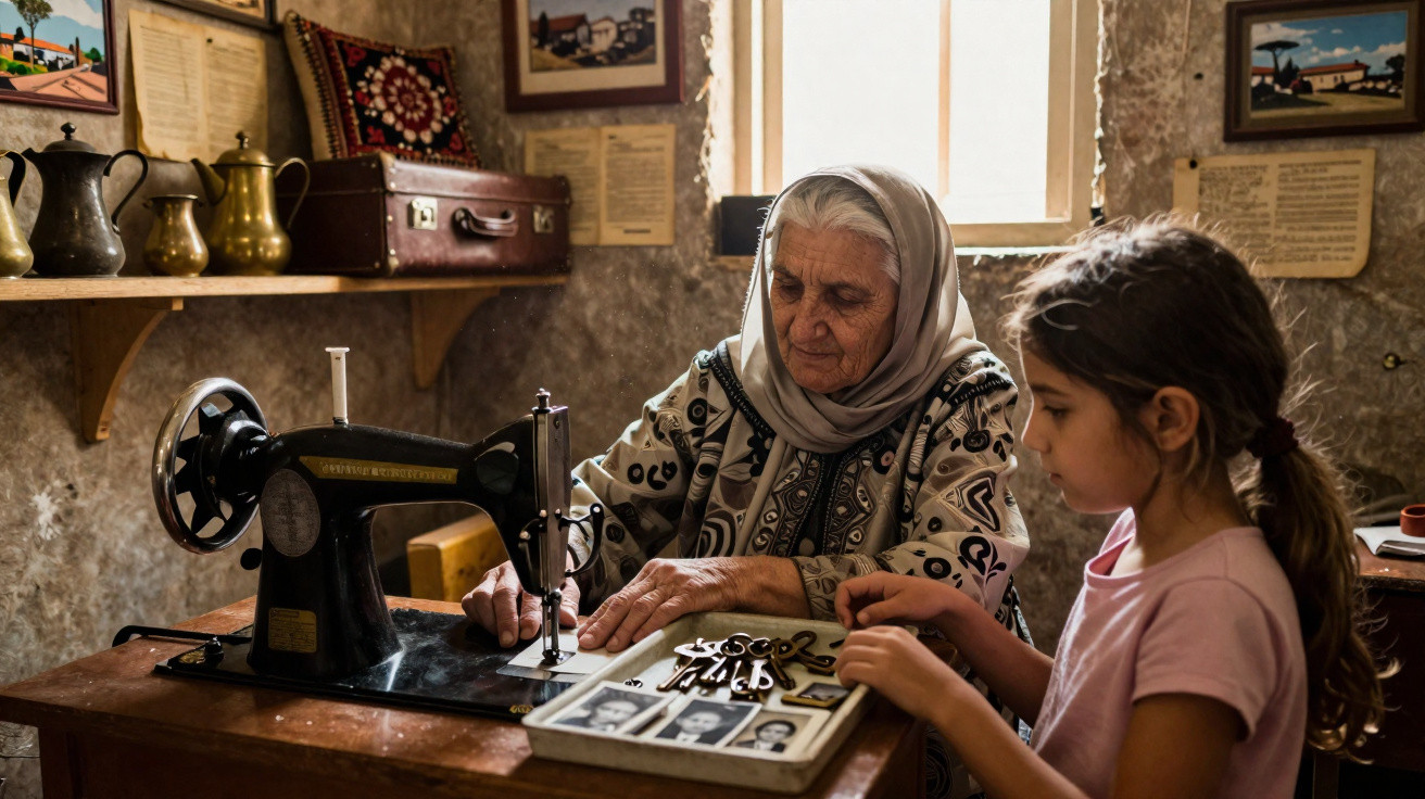 Idosa a costurar com máquina antiga enquanto menina observa fotografias em ambiente tradicional.