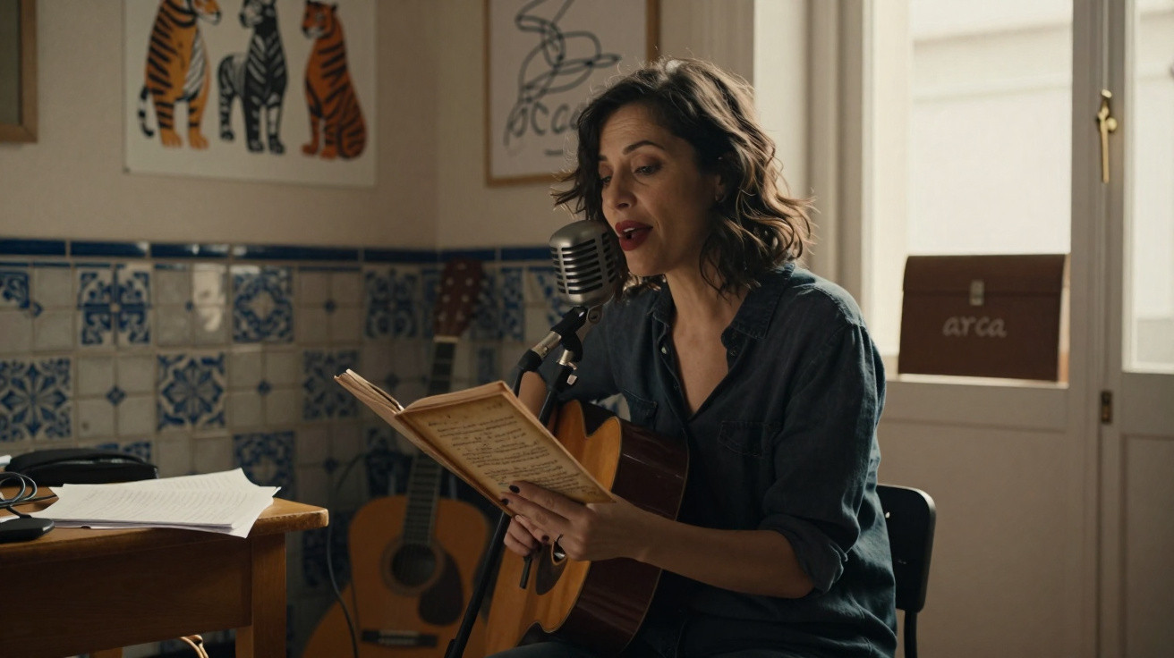 Mulher sentada a tocar violão, a cantar para microfone e a consultar folha de música num ambiente decorado.