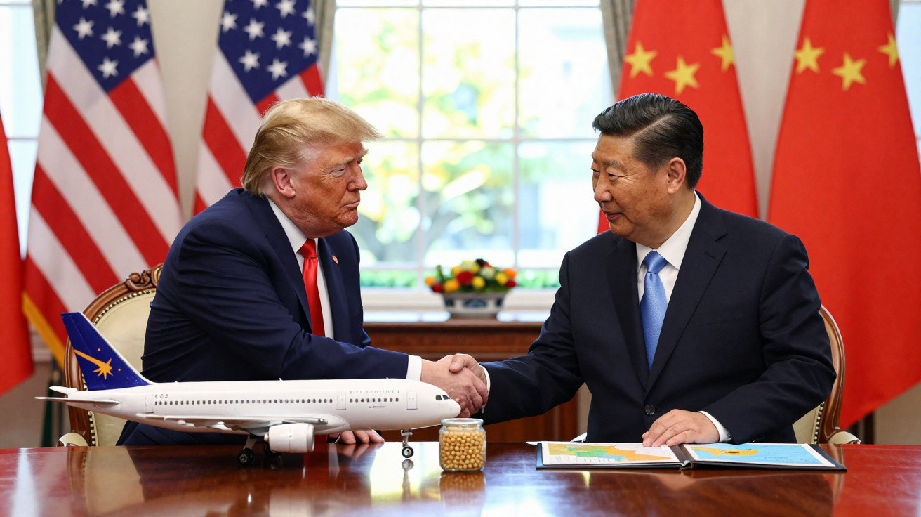 Donald Trump e Xi Jinping apertam as mãos numa mesa com bandeiras dos EUA e China ao fundo.