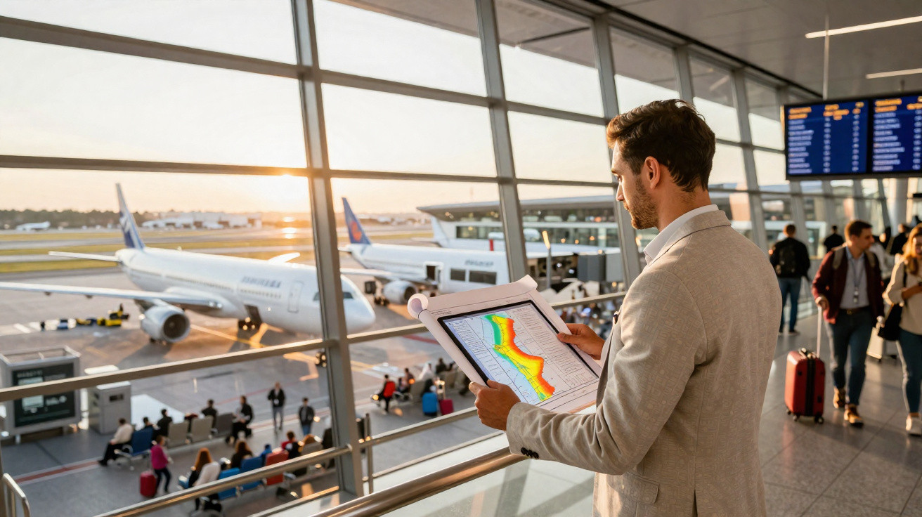 Homem em fato a analisar mapas num aeroporto com aviões e passageiros ao fundo.