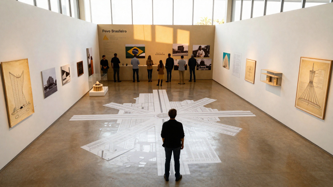 Visita guiada numa exposição sobre o povo brasileiro com mapas e imagens numa galeria moderna.