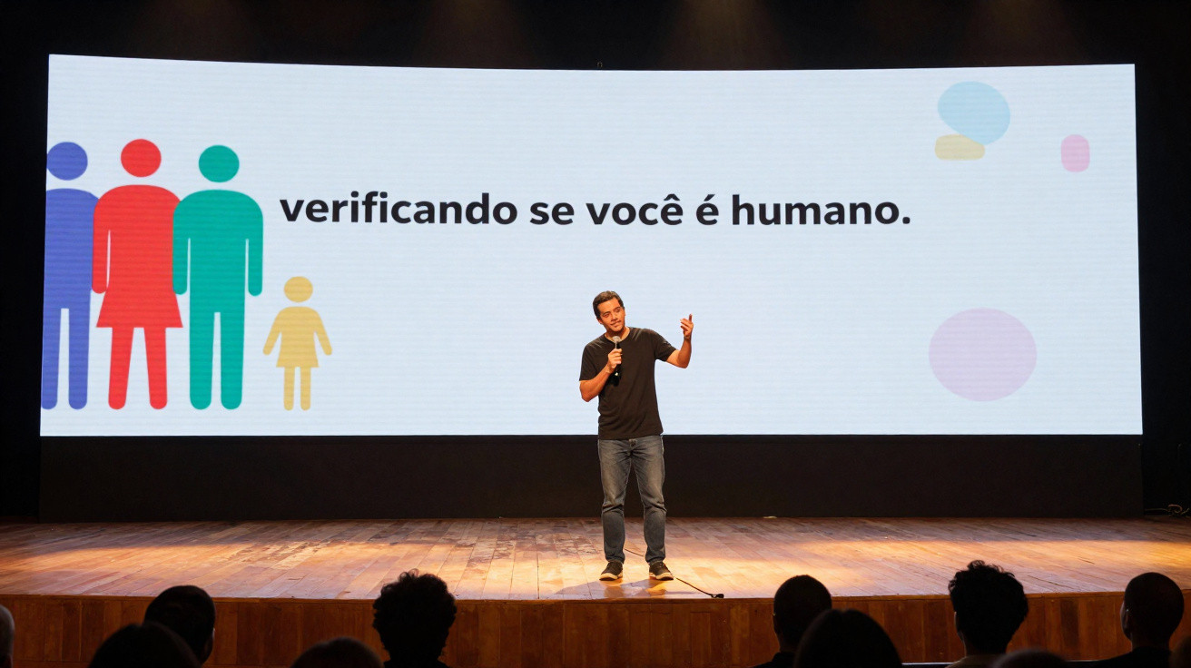 Homem a falar num microfone em palco com ecrã gigante atrás a mostrar texto em português.