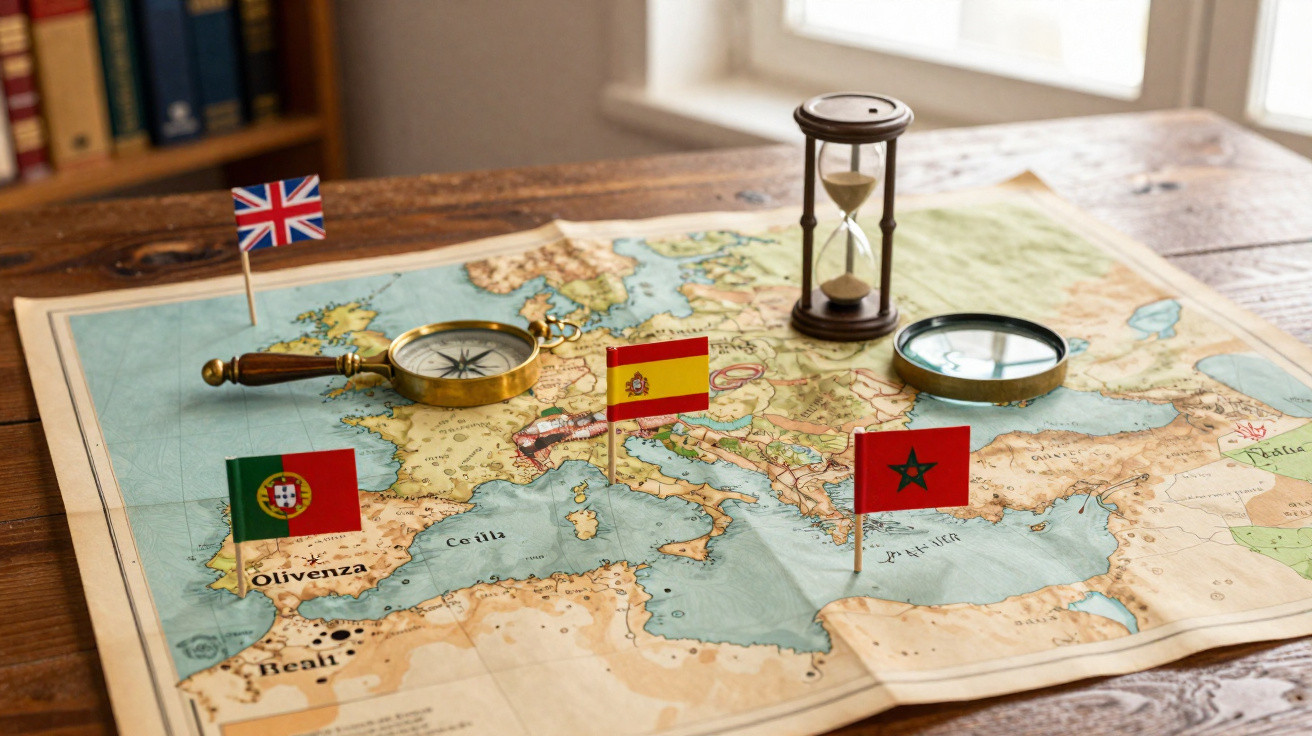 Mapa histórico da Europa com bandeiras de Portugal, Espanha, Marrocos, Reino Unido e outra, lente e ampulheta.