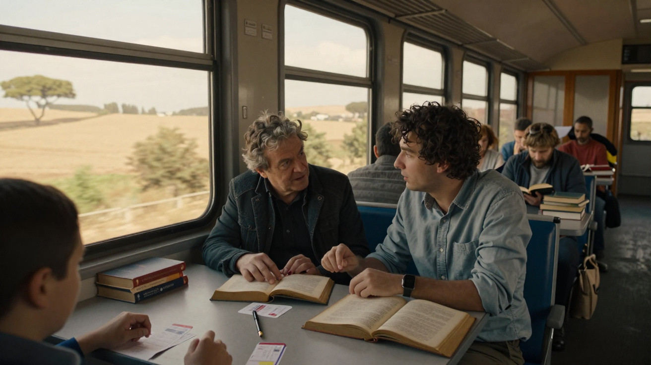 Três homens conversam e estudam com livros numa mesa dentro de um comboio em movimento.