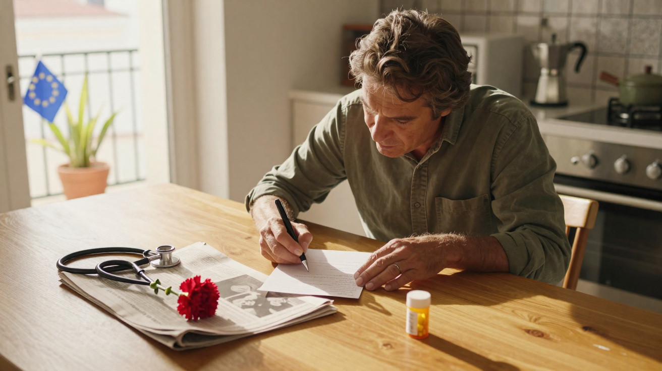 Homem escreve carta numa mesa com jornal, flor, estetoscópio e frasco de medicamentos ao lado.