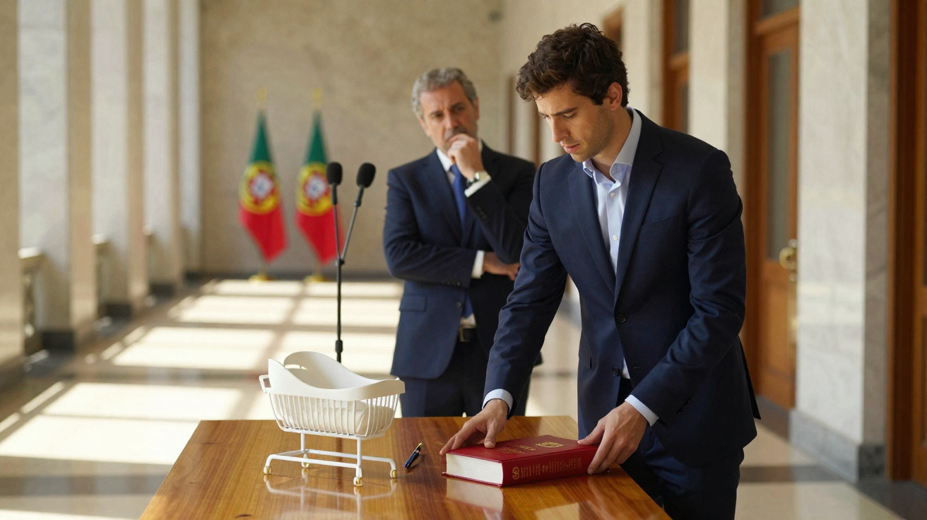 Homem a assinar documento oficial numa sala com bandeira de Portugal, outro homem observa pensativo.