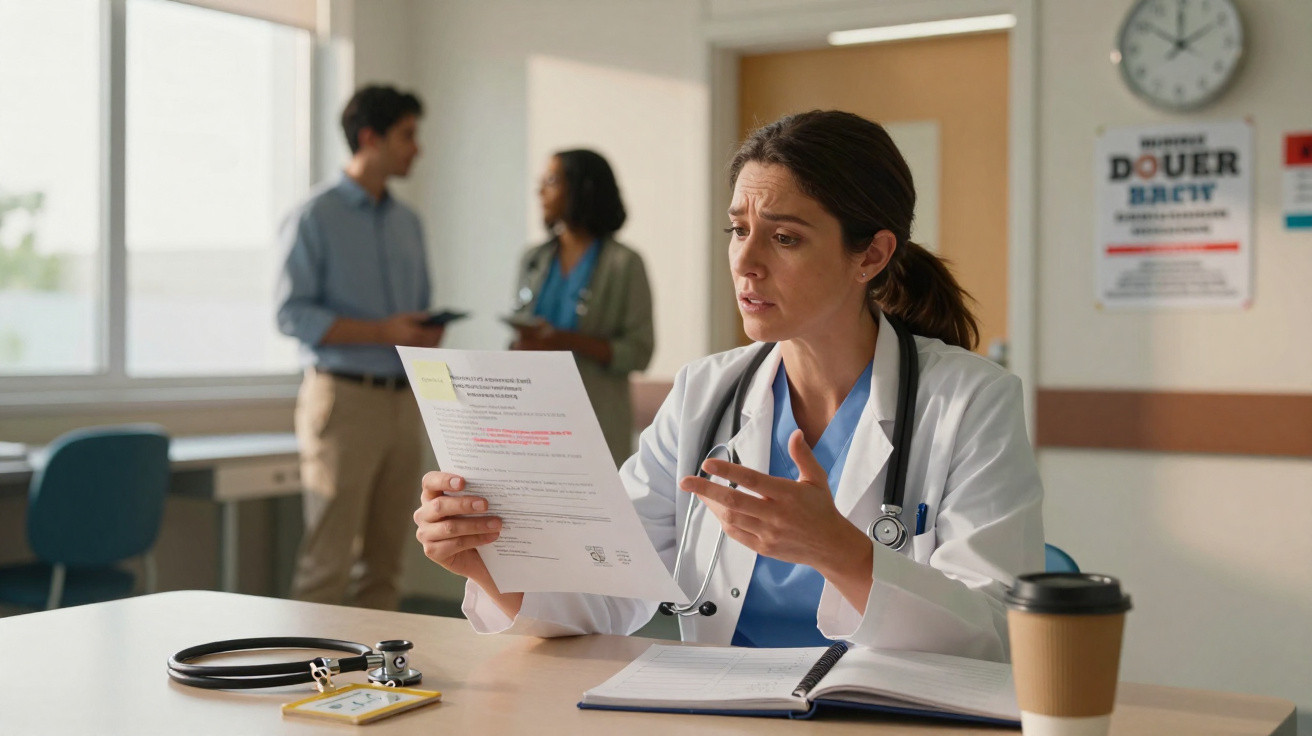 Médica a ler um documento com expressão preocupada numa sala de hospital com três profissionais ao fundo.
