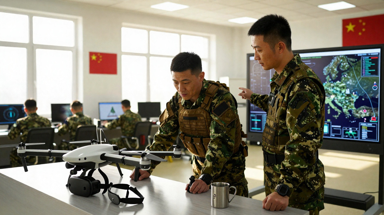 Dois militares chineses numa sala de controlo, analisando um drone e um mapa digital na parede.