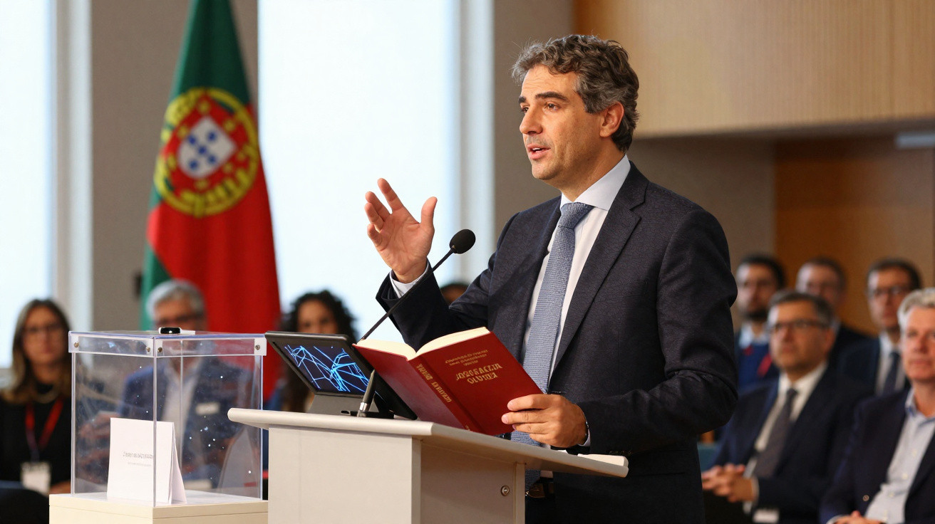 Homem de fato azul a discursar numa sala de reuniões com bandeira de Portugal ao fundo.