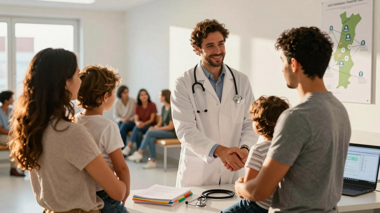 Médico cumprimenta mãe enquanto filha espera numa clínica com outras pessoas na sala de espera.