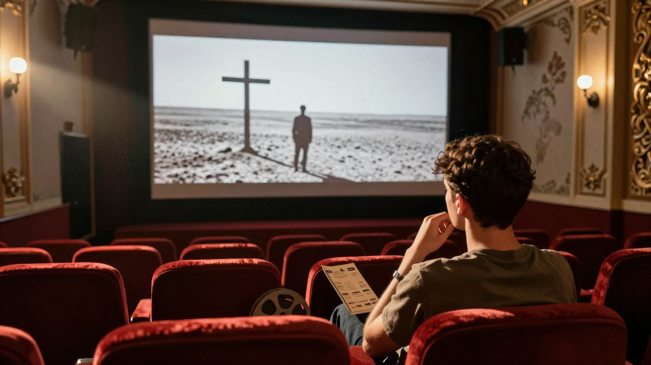 Homem sozinho numa sala de cinema antiga a ver filme em preto e branco, segurando um papel.