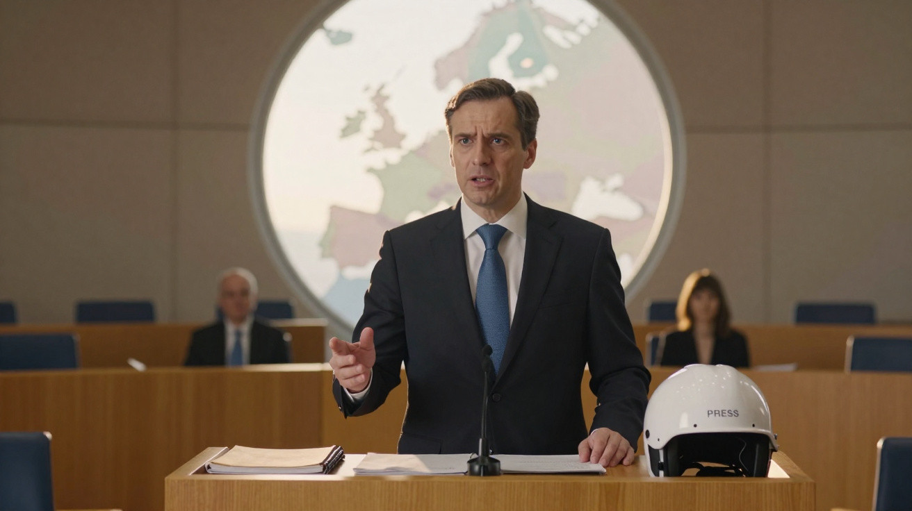 Homem de fato azul fala numa audiência, com capacete da imprensa sobre a mesa e mapa da Europa ao fundo.