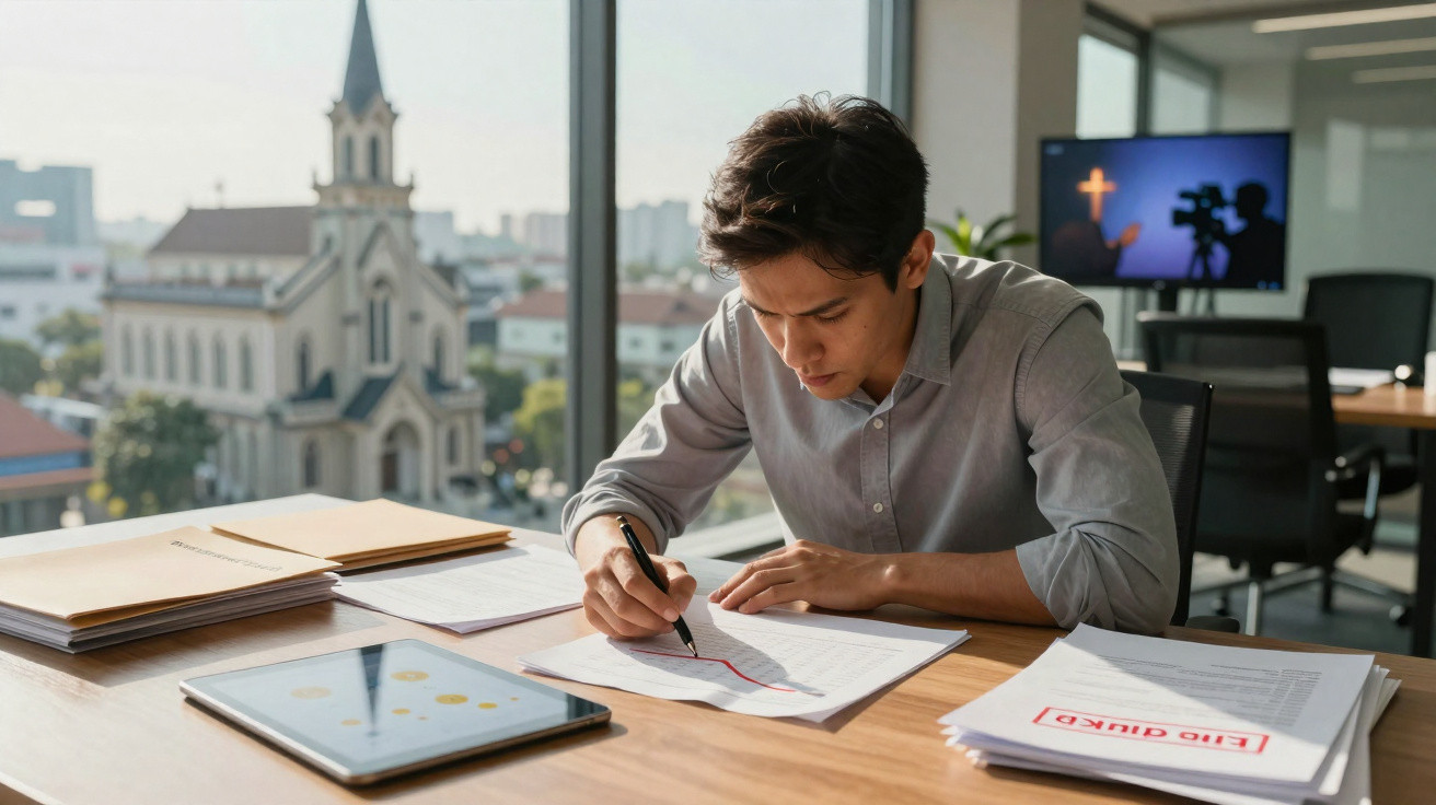 Homem jovem a analisar gráficos e documentos num escritório com vista para uma igreja.