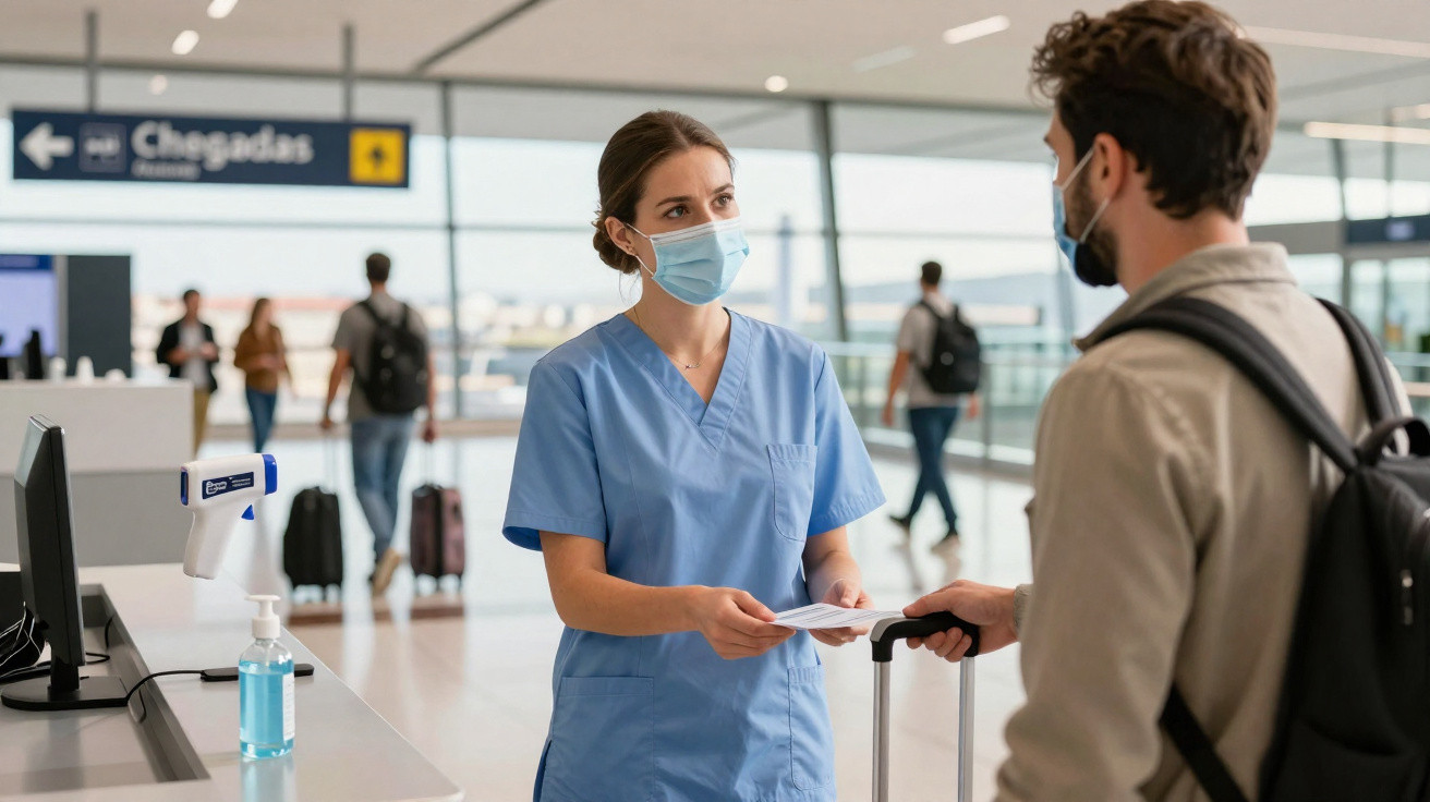 Profissional de saúde com máscara dá documento a homem num aeroporto na área de chegadas.