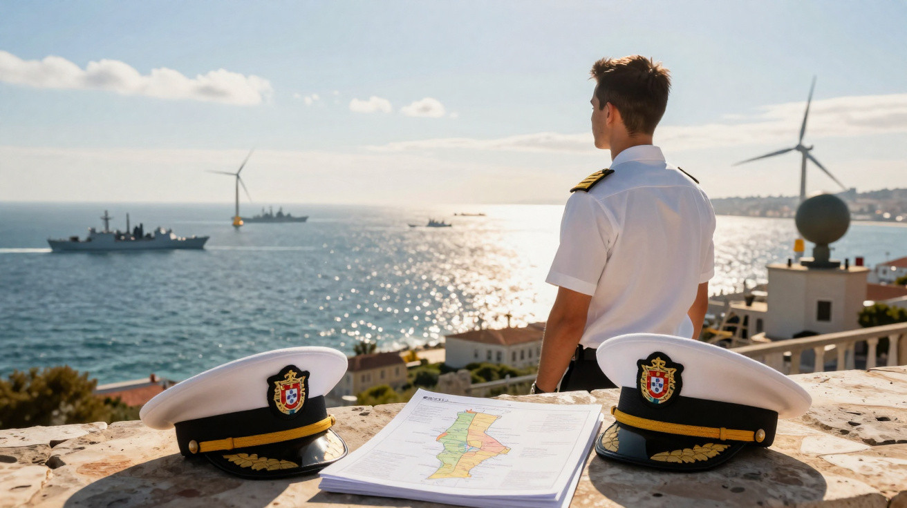 Homem fardado observa o mar com mapas e boina naval sobre muro, dois navios ao fundo ao pôr do sol.