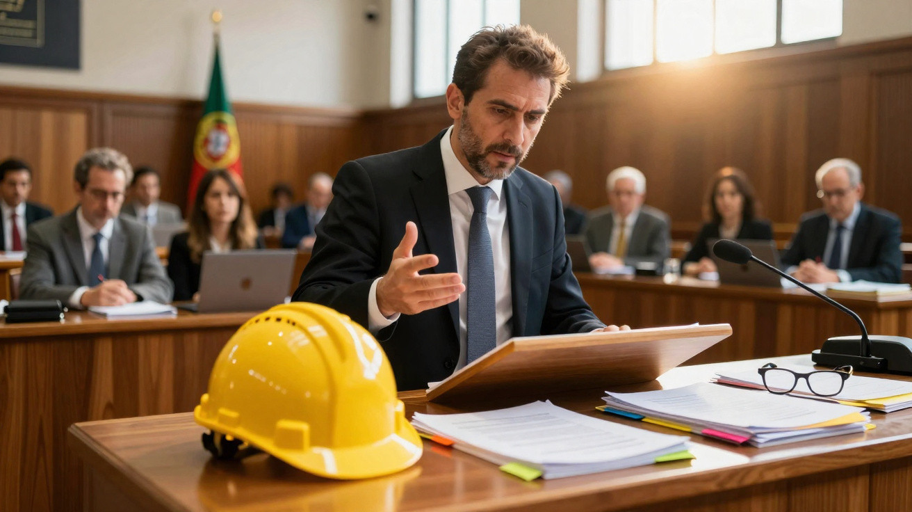 Homem de fato fala num tribunal com capacete amarelo e papéis à frente, bandeira de Portugal ao fundo.