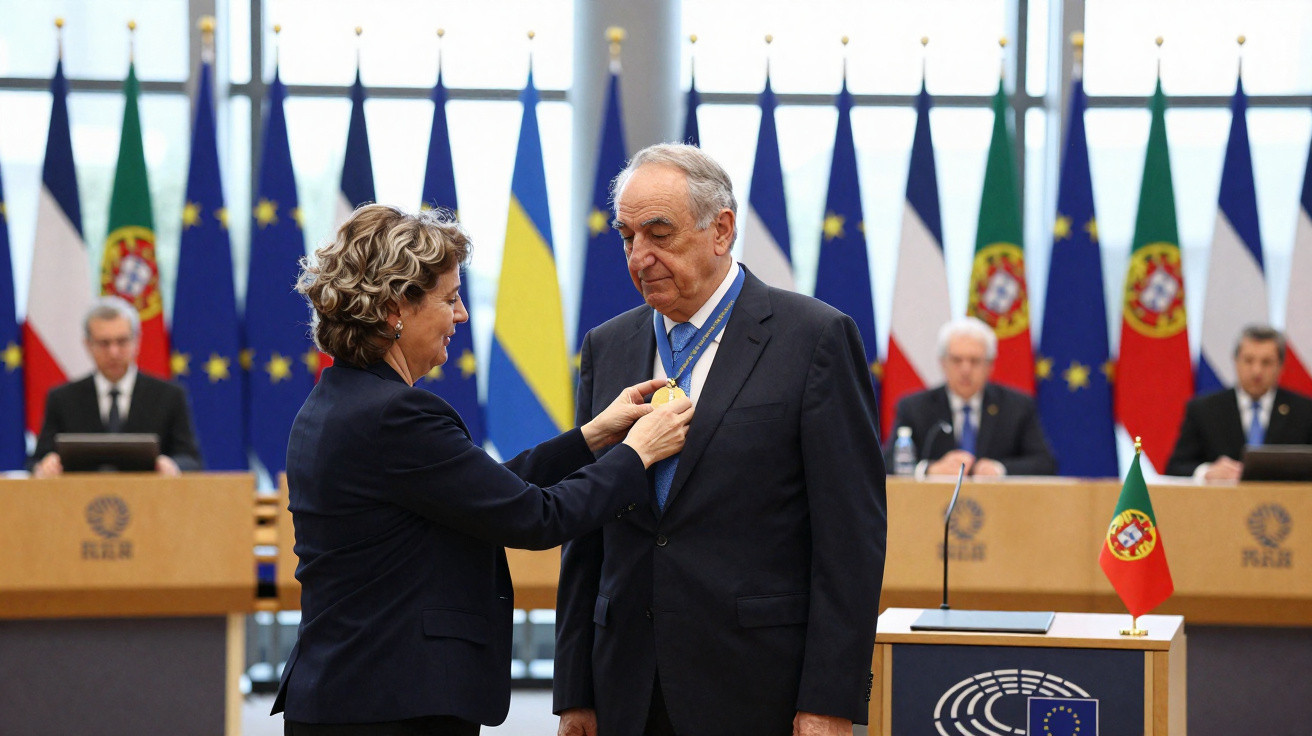 Cerimónia de entrega de medalha com bandeiras da UE, Portugal e Ucrânia ao fundo, em ambiente formal.