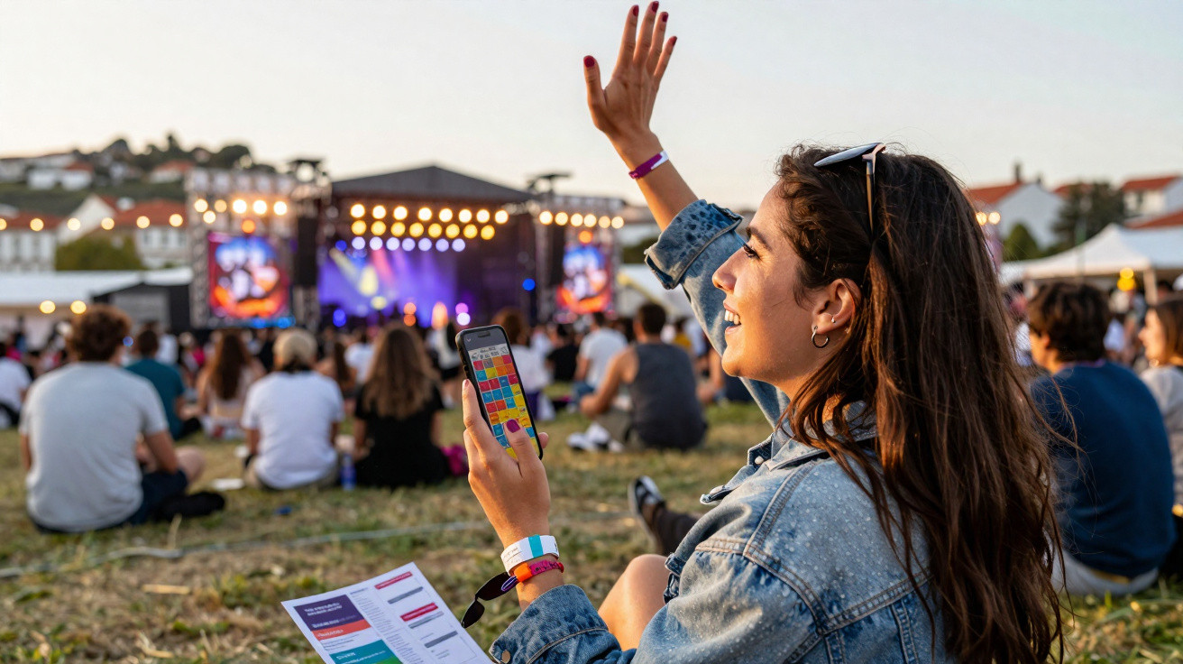 Mulher com telemóvel e pulseiras, acena num festival ao ar livre com palco iluminado ao fundo.