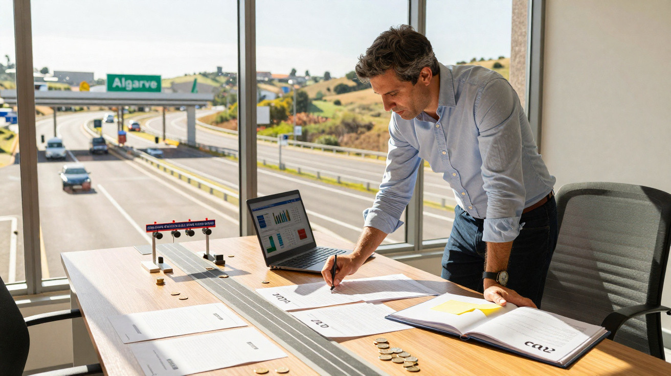 Homem de fato a analisar gráficos num portátil numa sala com vista para uma autoestrada e maquete de estradas.