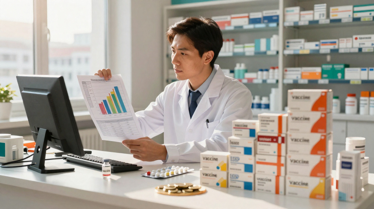 Farmacêutico com bata branca analisa gráfico, rodeado por caixas de medicamentos e moedas numa farmácia.