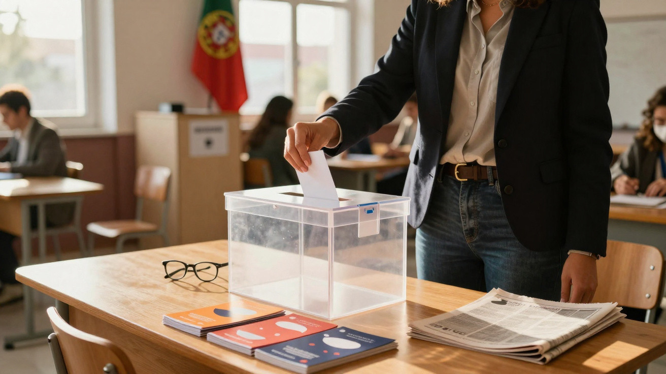 Pessoa a votar numa urna transparente numa sala de votação com bandeira de Portugal ao fundo.