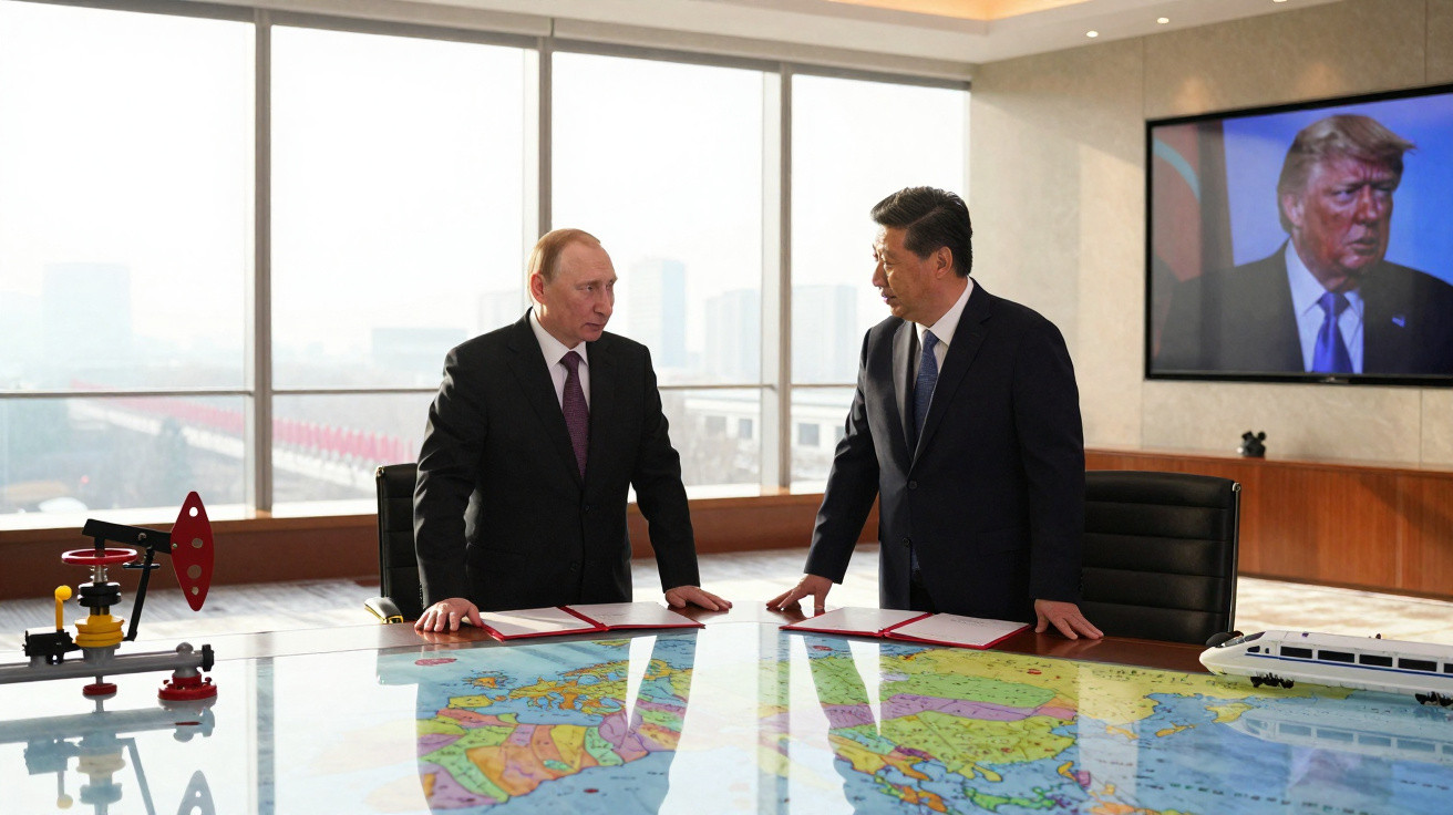 Vladimir Putin e Xi Jinping conversam junto a uma mesa com mapa do mundo, televisão mostra Donald Trump ao fundo.
