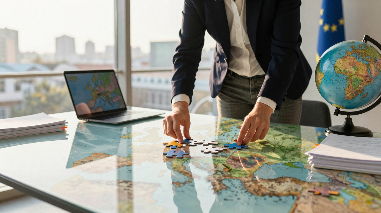 Pessoa a montar puzzle de mapa da Europa numa mesa iluminada, com globo e computador ao fundo.