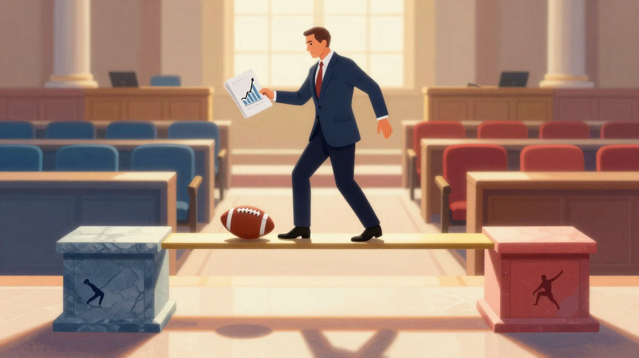 Homem de fato azul equilibra-se numa tábua com bola de futebol americano e gráfico de crescimento.