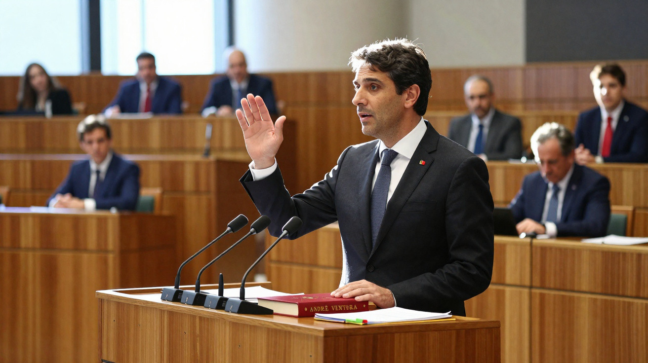 Homem a fazer juramento com mão levantada numa cerimónia oficial em ambiente formal com pessoas ao fundo.