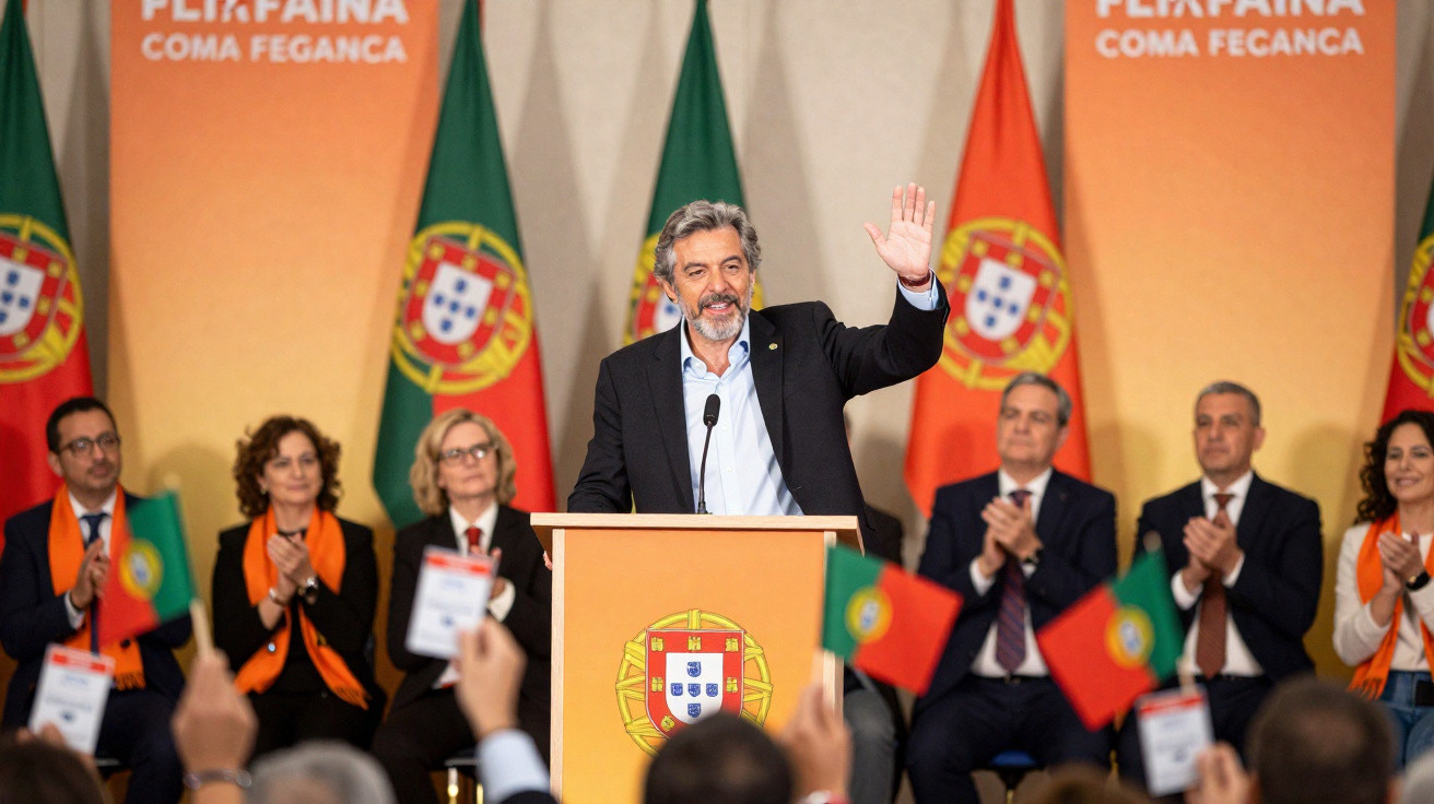 Político português a discursar com público e grupo de pessoas ao fundo com bandeiras de Portugal.