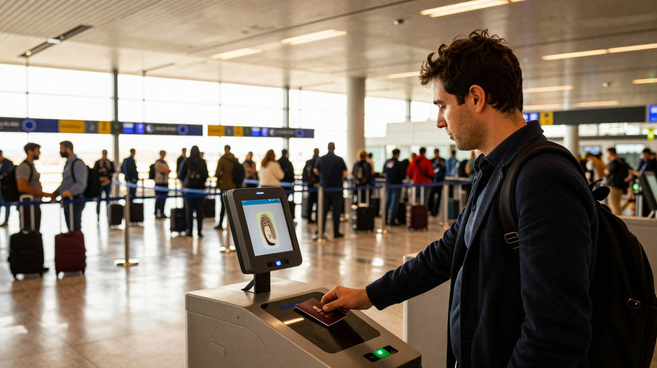 Homem usa leitor biométrico para identificar passaporte num controlo de segurança no aeroporto.