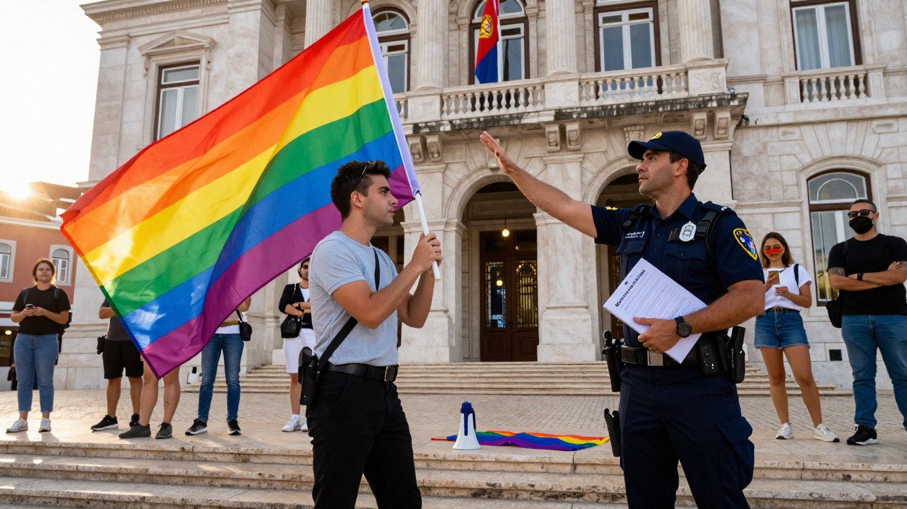 Pessoa segura bandeira arco-íris em protesto enquanto polícia gesticula em praça com edifício oficial ao fundo.