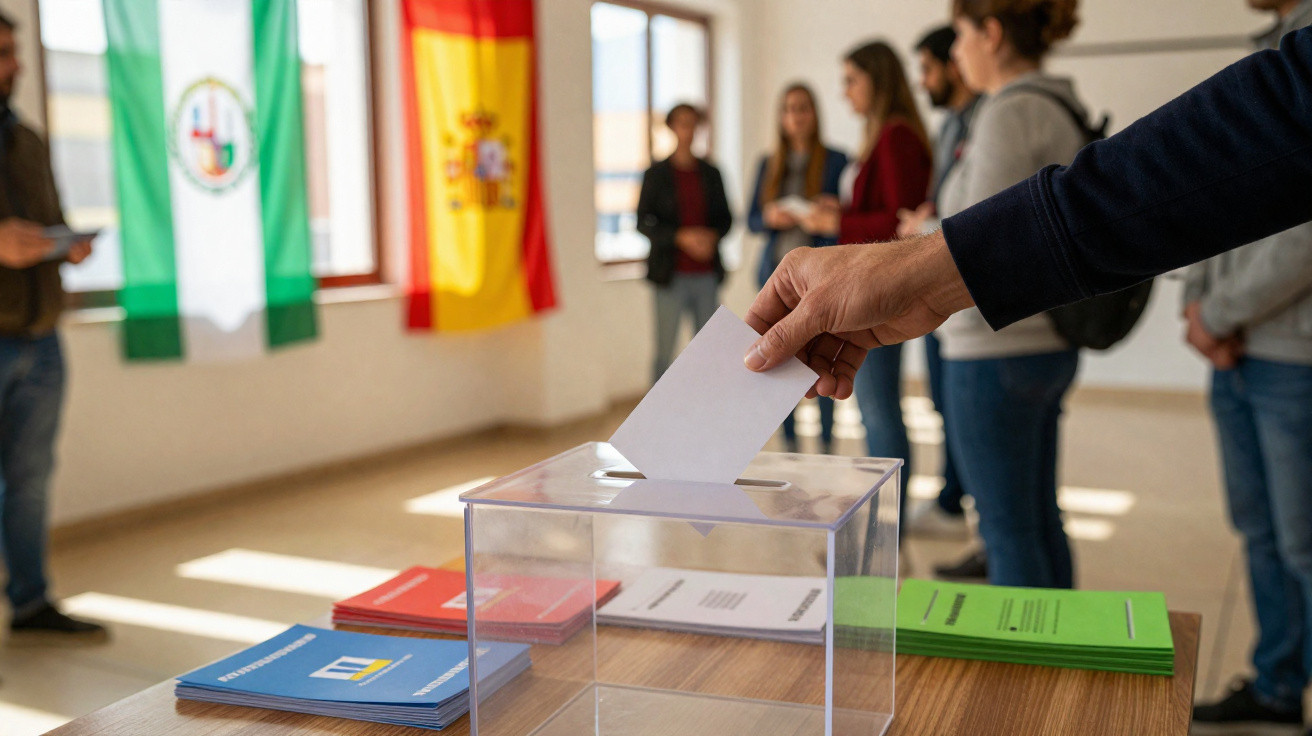 Pessoa a colocar voto numa urna transparente numa mesa com folhetos, com bandeiras de Espanha e Andaluzia ao fundo.
