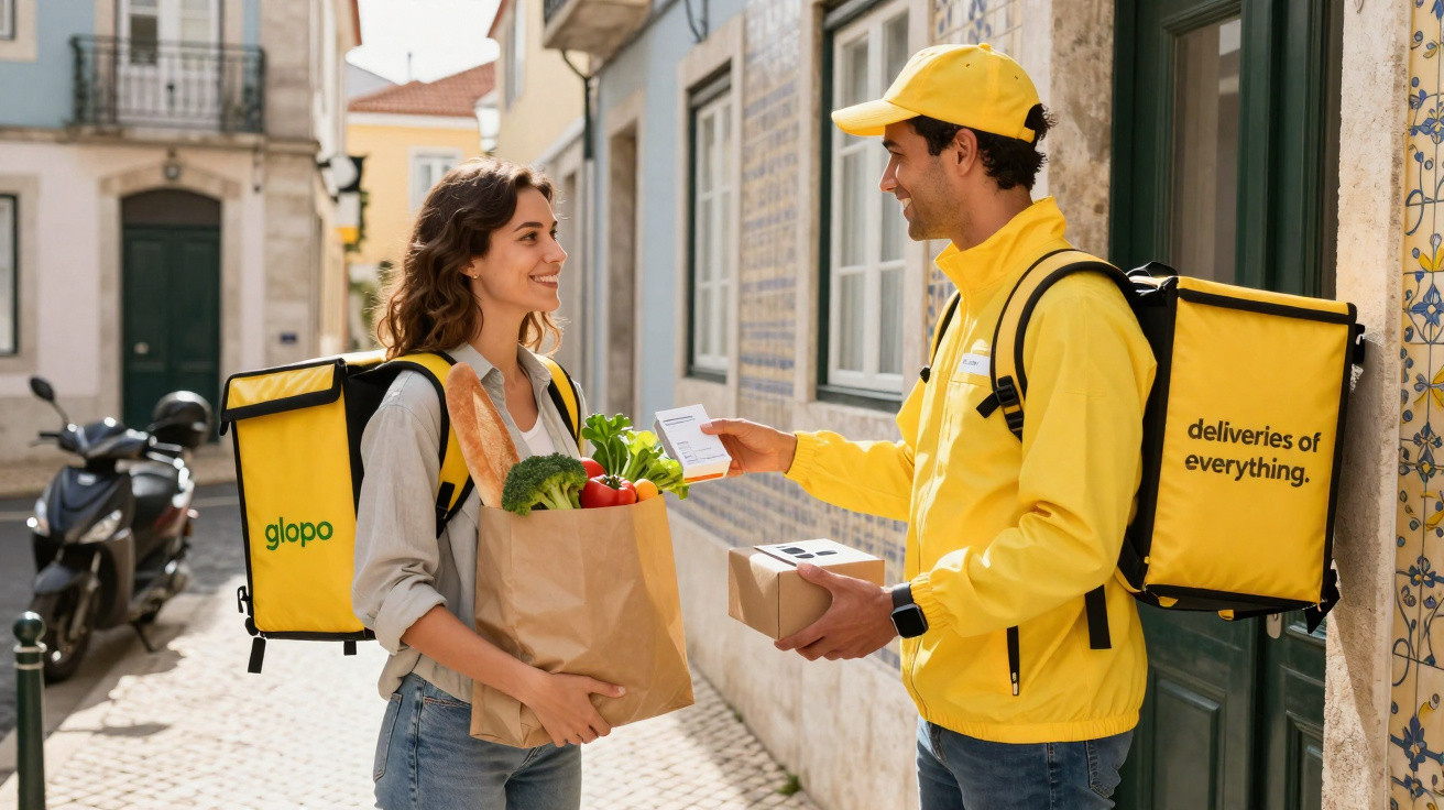 Dois entregadores de mochila amarela trocando compras numa rua com azulejos tradicionais.