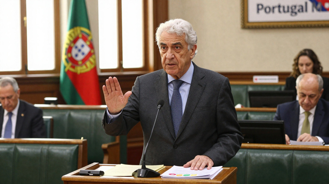 Homem idoso de cabelo grisalho a jurar em pé num tribunal com bandeira de Portugal ao fundo.