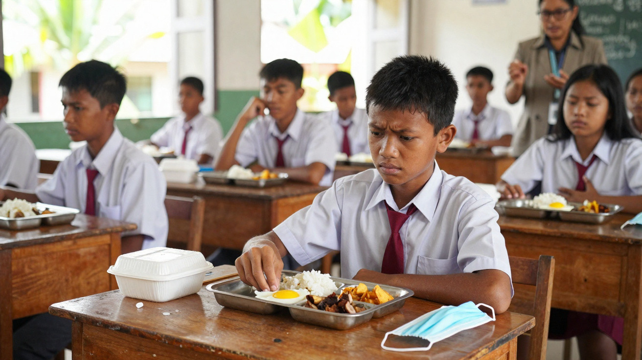 Estudantes com uniforme escolar sentados em carteiras, com bandejas de comida em salas de aula.