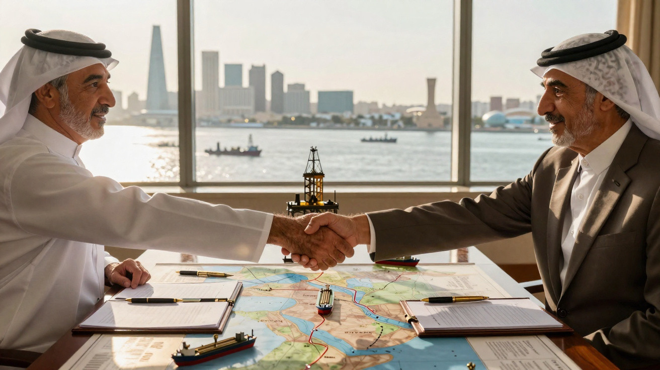 Homem árabe aponta para maquete de barcos e mapa com vista para arranha-céus junto ao mar.