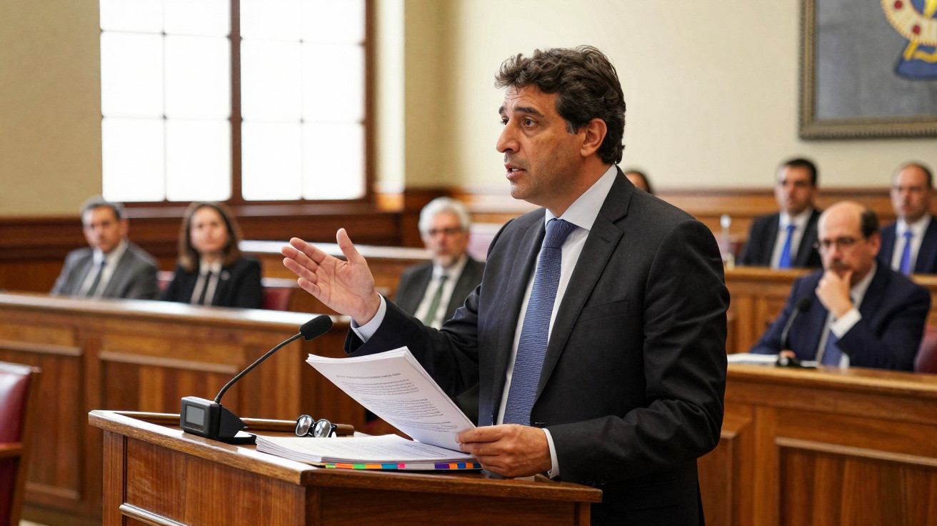 Homem em fato a discursar em tribunal com várias pessoas sentadas ao fundo.