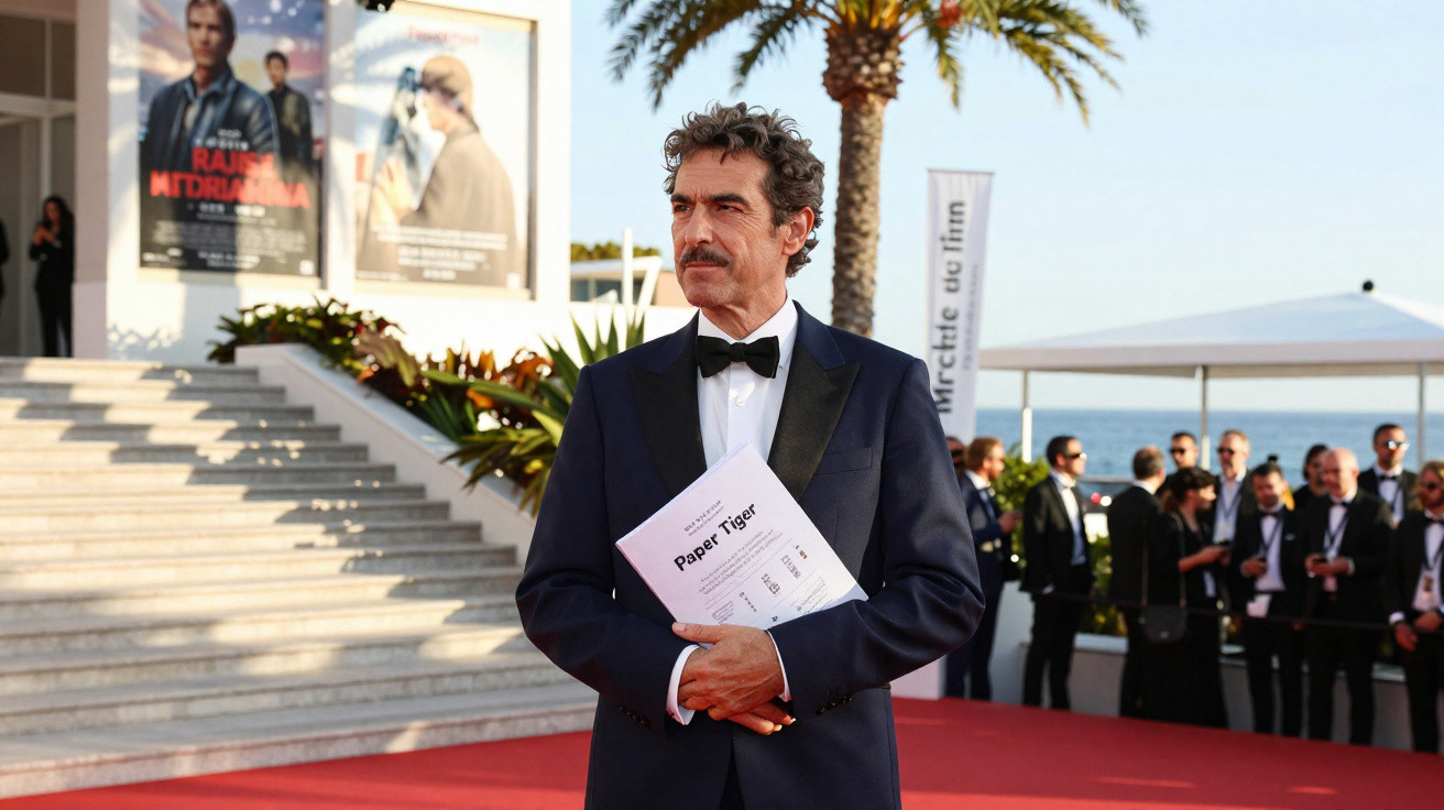 Homem com fato formal a segurar documento "Paper Tiger" no tapete vermelho, com palmeiras e mar ao fundo.