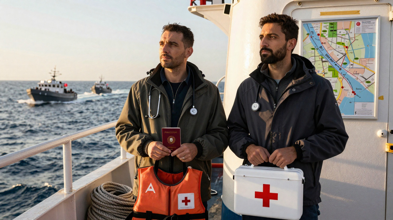 Dois socorristas com coletes e estetóscopios a bordo de um barco de salvamento no mar.