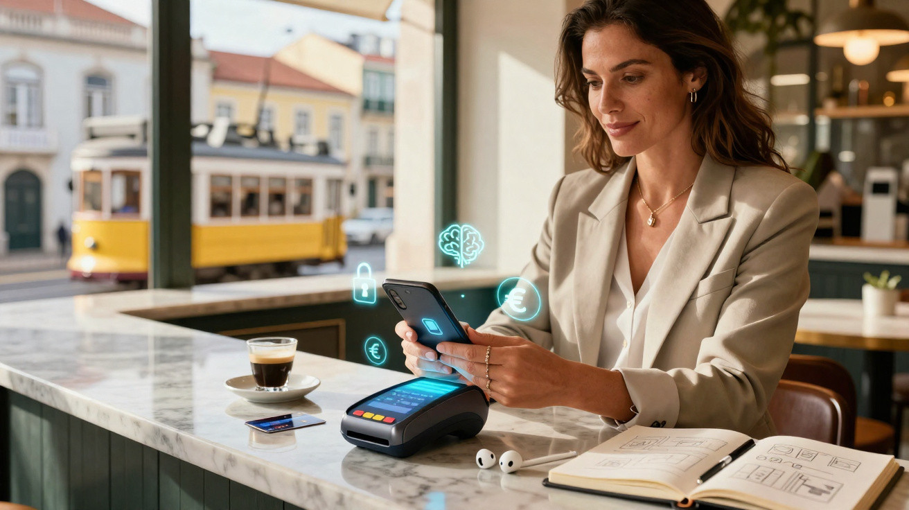 Mulher sentada numa cafetaria utilizando smartphone com ícones digitais e máquina de pagamento à sua frente.