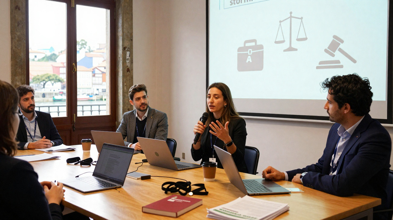 Quatro pessoas em reunião de trabalho com laptops e microfones numa sala iluminada com janela para rio.