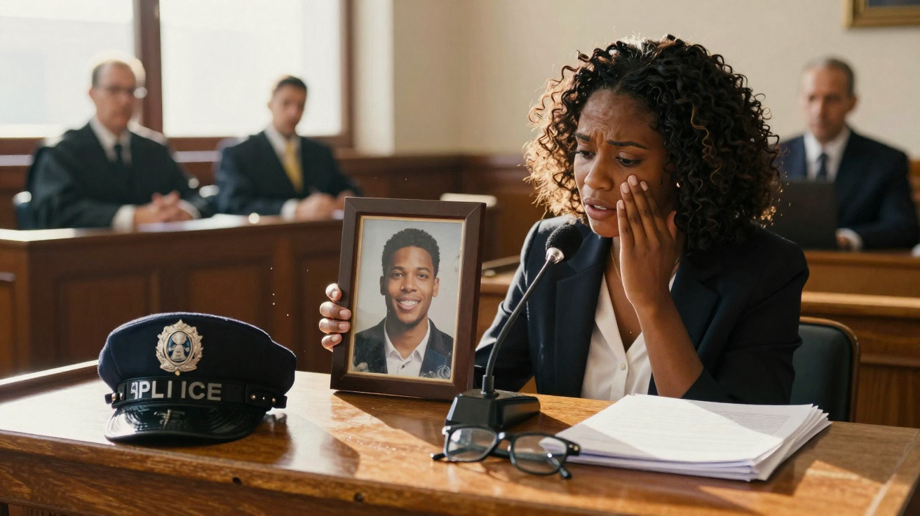 Mulher emocionada segura foto de jovem no tribunal, com polícia e juízes ao fundo.