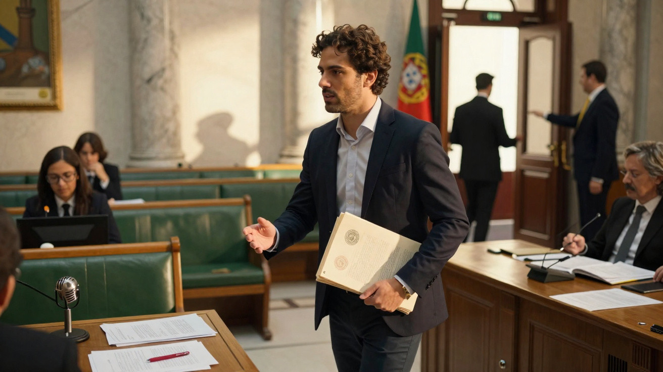 Homem de fato falando de forma enfática num salão parlamentar com bandeiras de Portugal ao fundo.