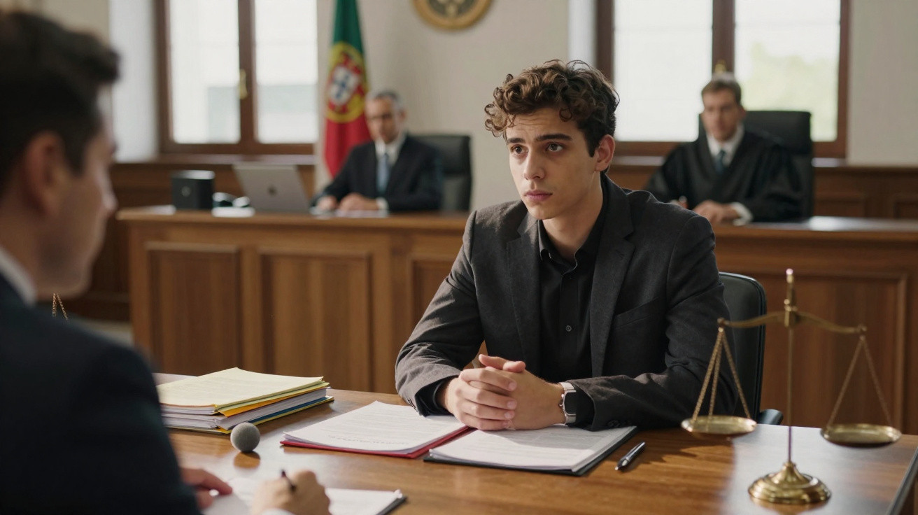 Jovem vestido de fato no banco dos réus em tribunal, com juiz e advogado presentes e bandeira de Portugal ao fundo.