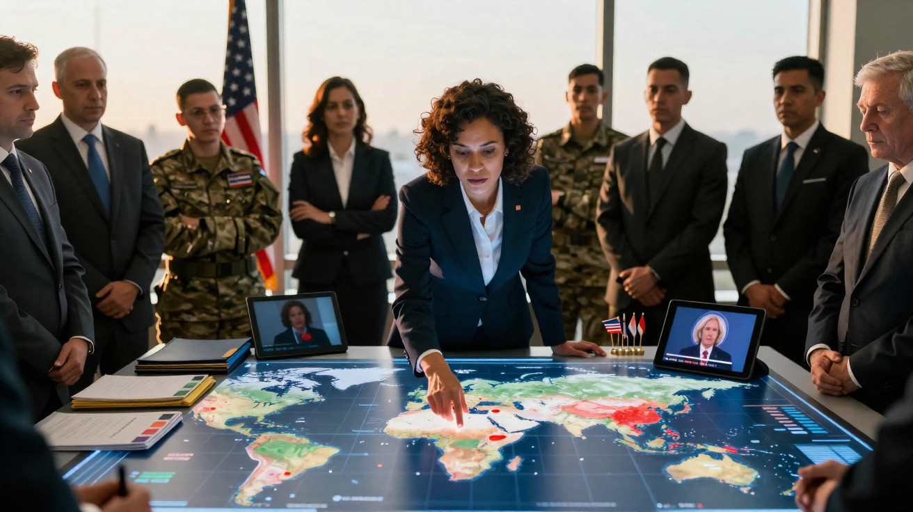 Reunião estratégica com vários agentes, incluindo militar e diplomatas, em torno de mesa digital com mapa mundial.