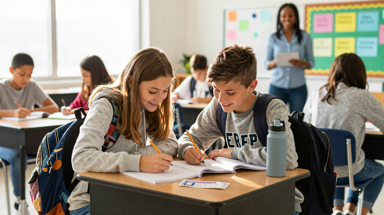 Alunos em sala de aula a trabalhar juntos em cadernos com professora ao fundo.
