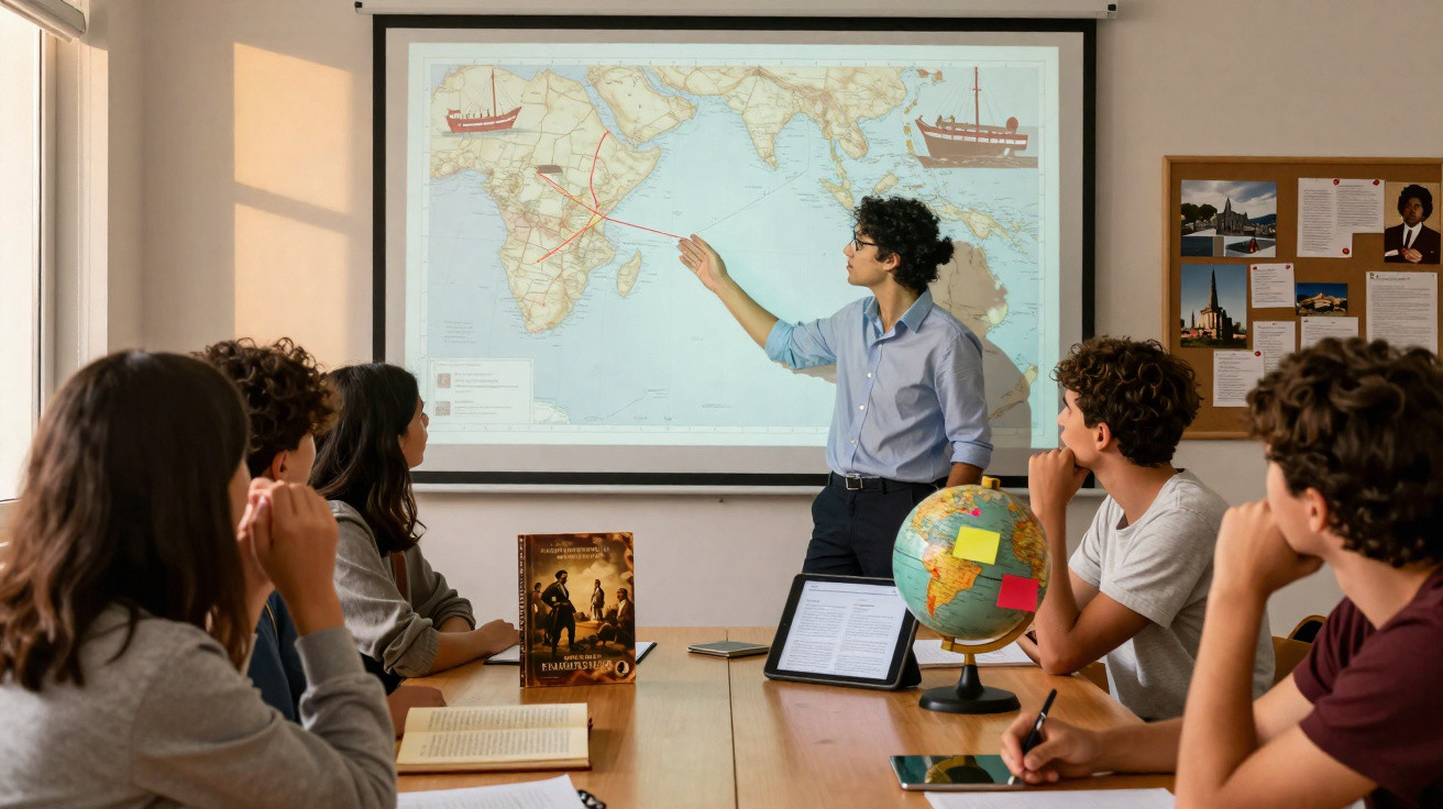 Professor a apontar mapa de África numa apresentação para estudantes numa sala de aula.